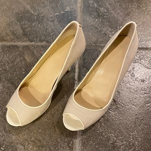 Calvin Klein Kail 2 6M Peep-Toe Natural Linen and White Patent Leather Heels